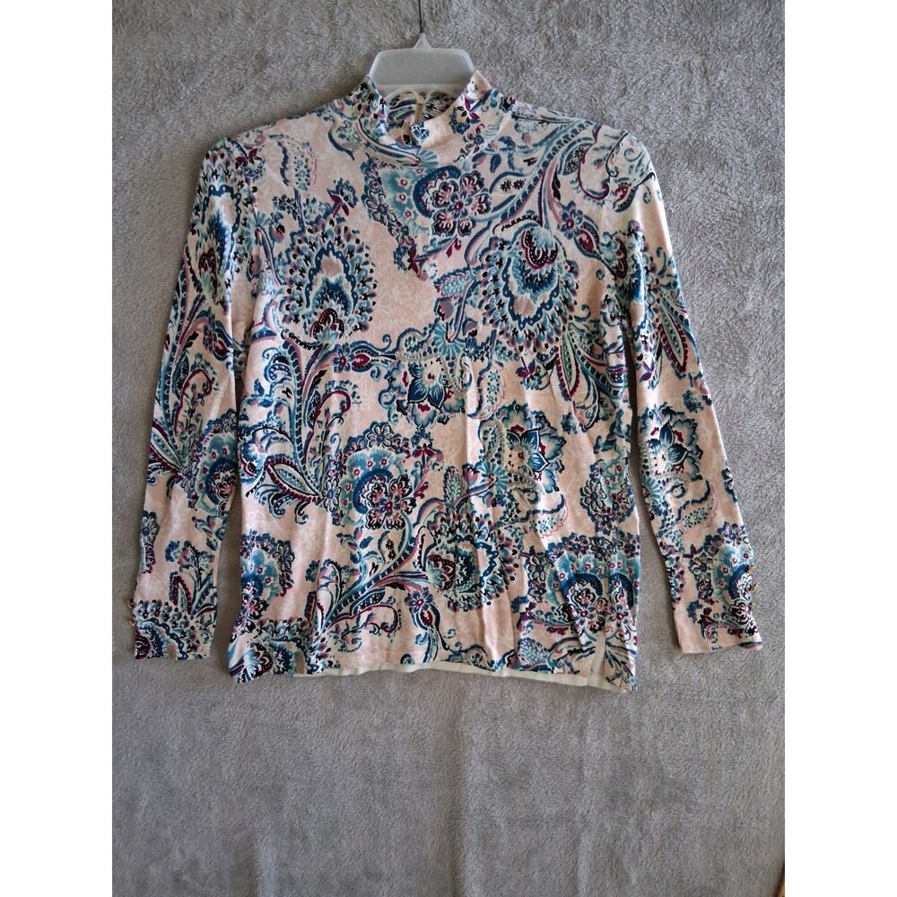 Chicos Pink Paisley Cottagecore Casual Mock Neck Sweater Light Knit Long Sleeve